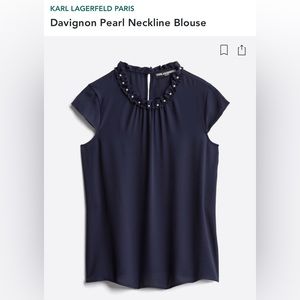 KARL LAGERFELD PARIS Davignon Pearl Neckline Blouse | Medium | Navy